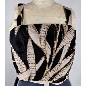 Magaschoni Beaded Linen Crop Top Sleeveless Black Beige XS Boho‎ Chic Festival